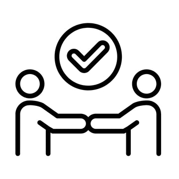 Line art icon of two people shaking hands with a checkmark above