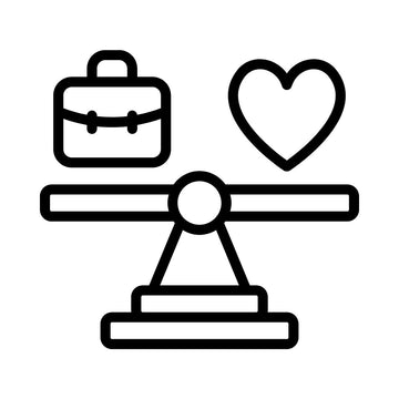 Line art icon of a balanced scale with a briefcase on one side and a heart on the other