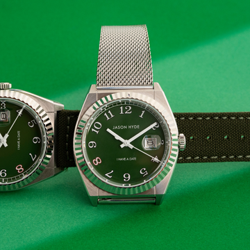 Pair of Jason Hyde 'i have a date' 40mm watches: green dial, green cordura strap.