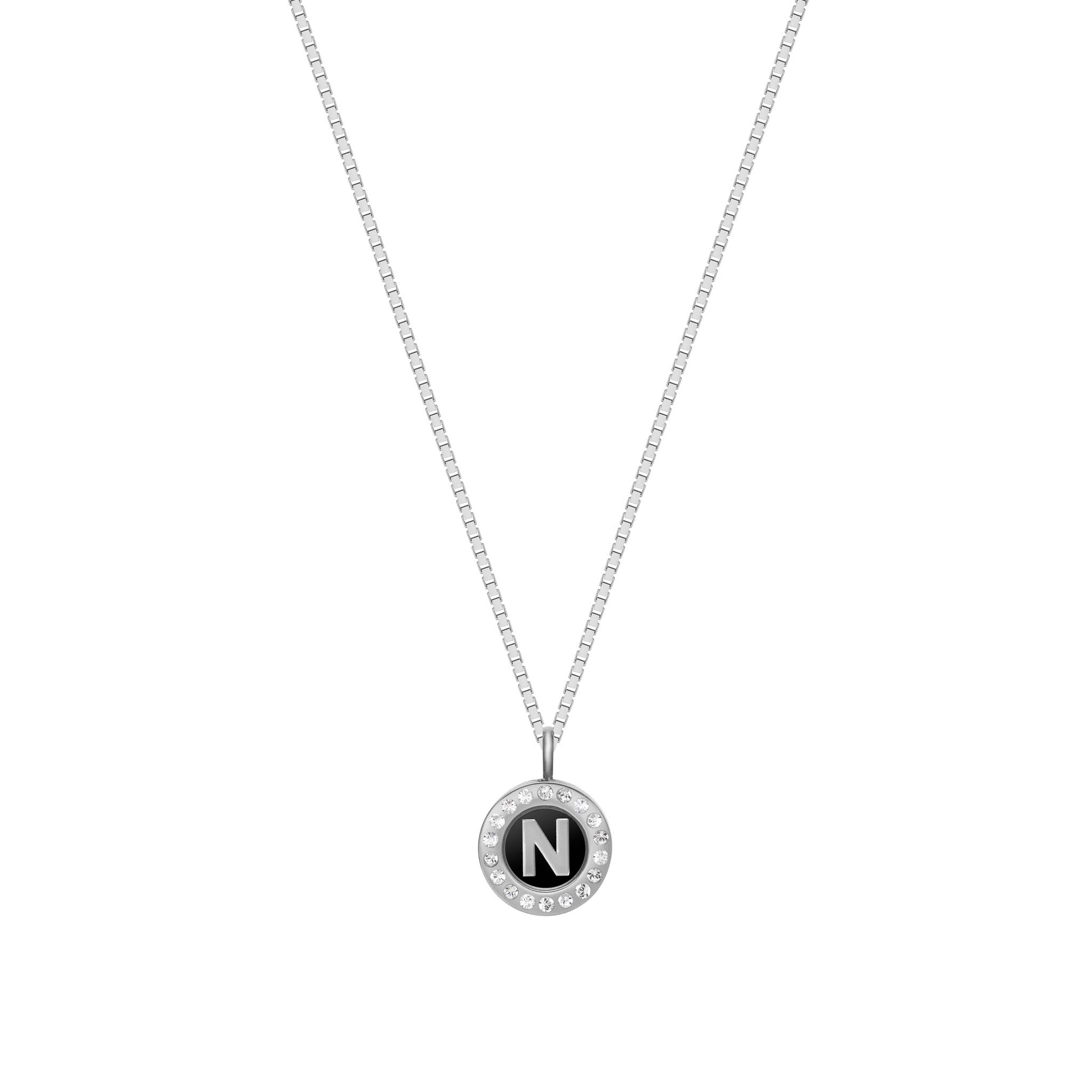 Sustainable silver necklace with black recycled ocean plastic letter N charm