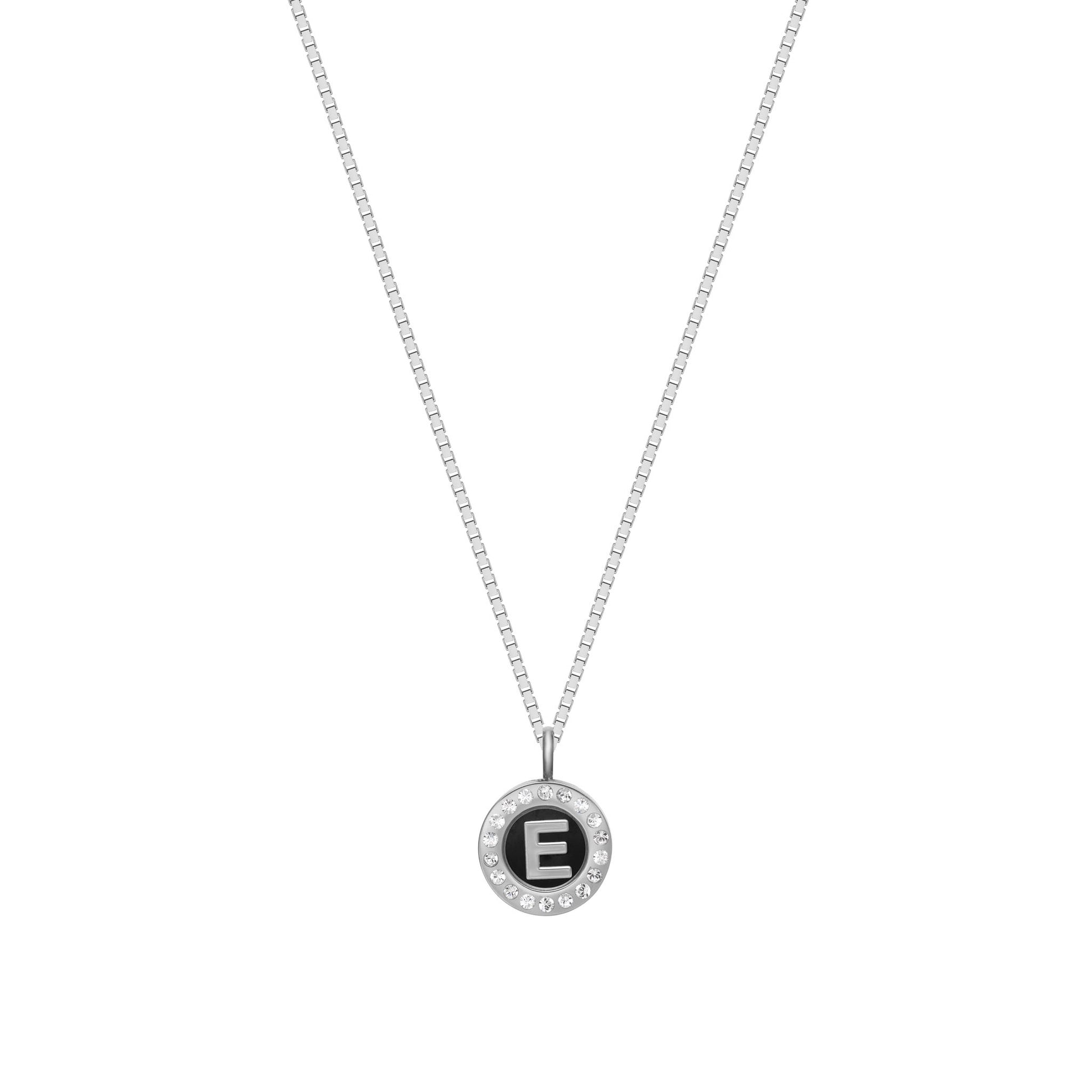 Jason Hyde silver necklace with black recycled plastic letter E pendant