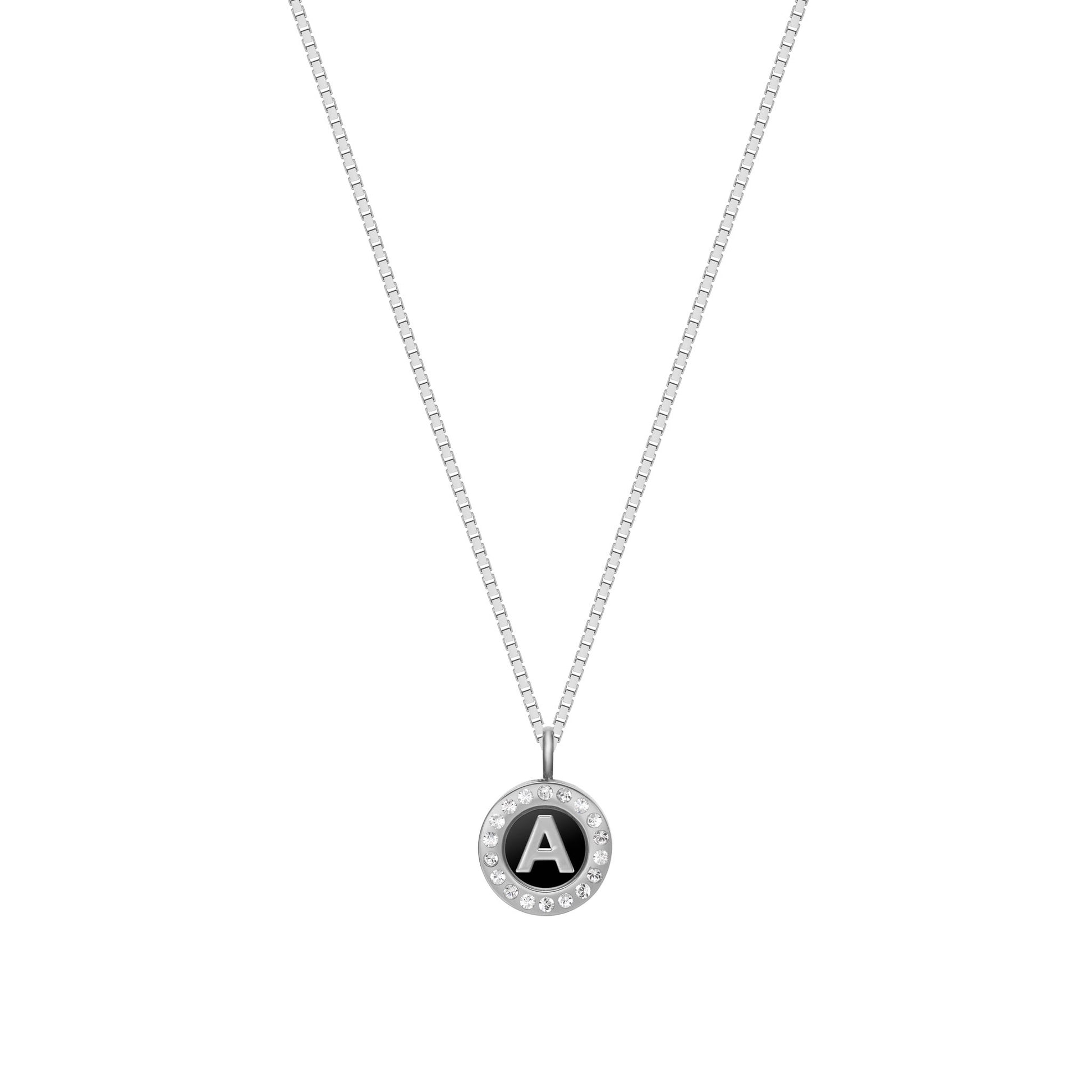 Silver necklace with black recycled ocean plastic charm shaped as letter A