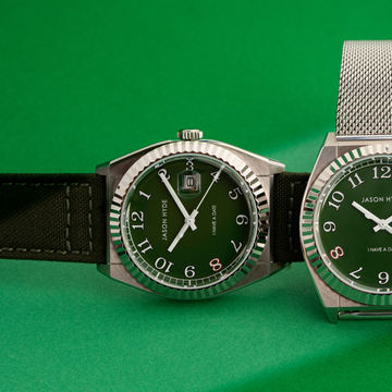 Two 'i have a date' 40mm watches with green dials and green cordura straps.