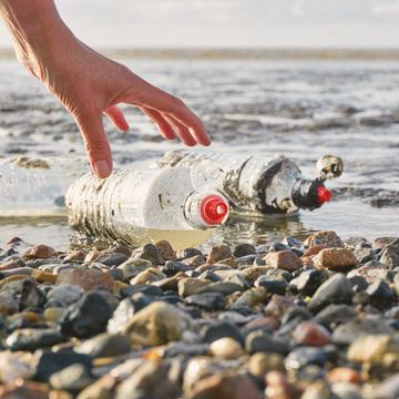 A person's hand reaching to pick up a plastic bottle from the water