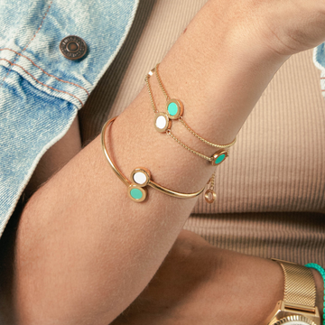 Gold bangle and trio bracelet with white and turquoise chips