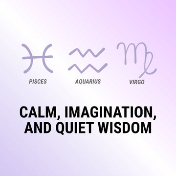 Graphic showing the zodiac signs for Pisces, Aquarius, and Virgo