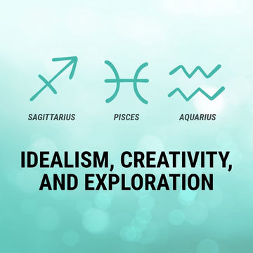 Astrological symbols for Sagittarius, Pisces, and Aquarius