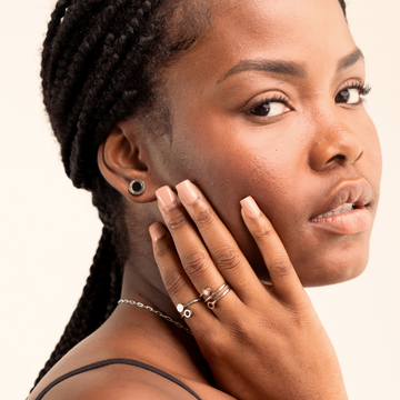 Jason Hyde jewelry set: layered rings, necklace, and stud earrings with black accents