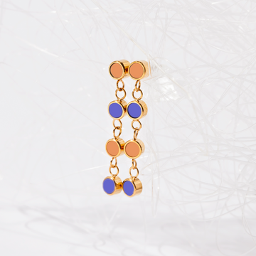 Gold Jason Hyde earrings with cascading orange and persian blue enamel circles