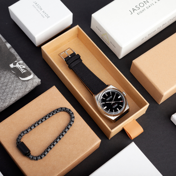 Jason Hyde watch and bracelet set with packaging.