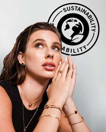 A woman wearing Jason Hyde black and gold jewelry, with a large 'SUSTAINABILITY' icon