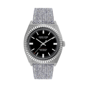 SILVER WATCH WITH BLACK DIAL AND FABRIC STRAP