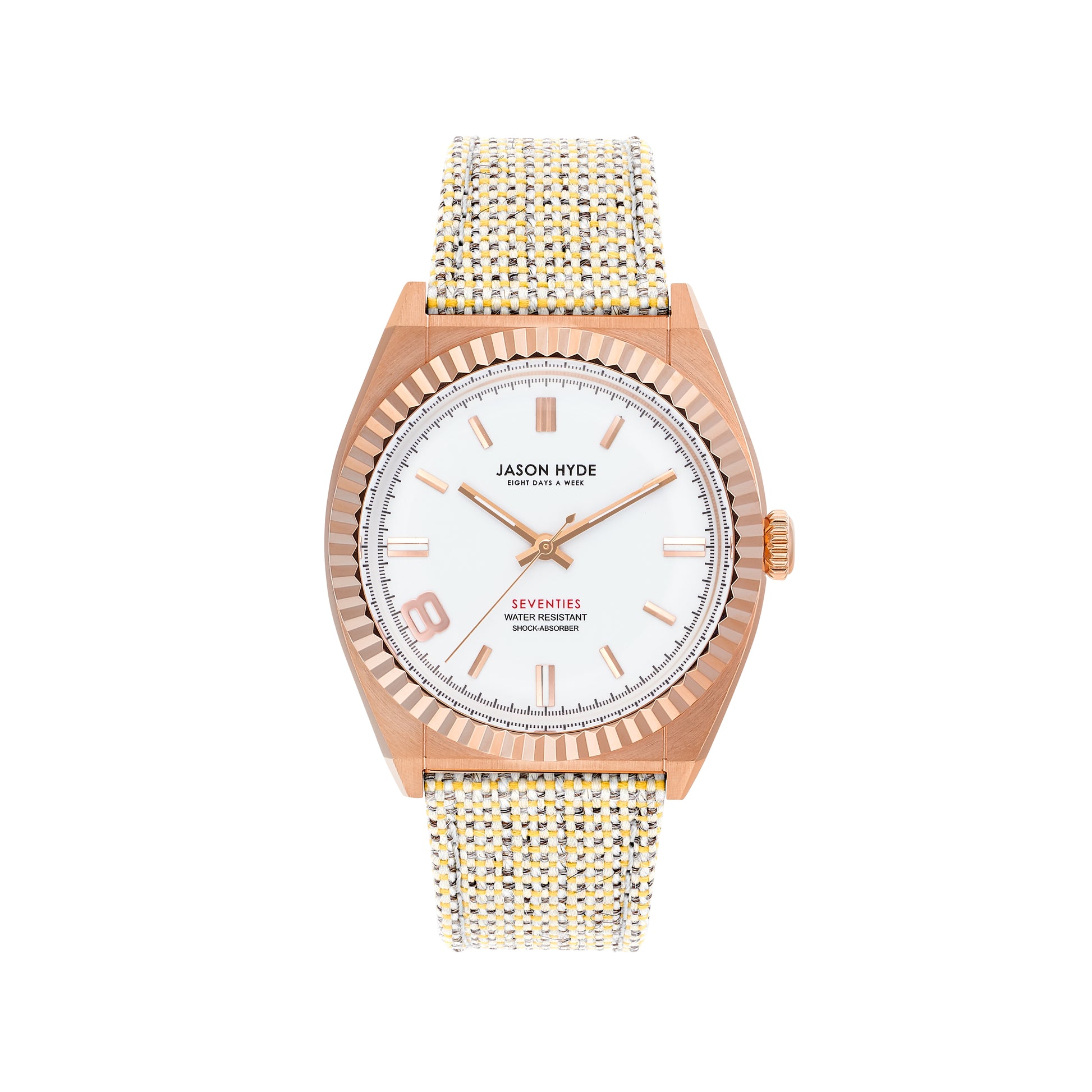 OLD WATCH WITH WHITE DIAL AND GOLD NUMERALS ON A UNIQUE BAND