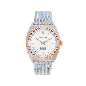 Elegant 36mm watch featuring a blue fabric strap