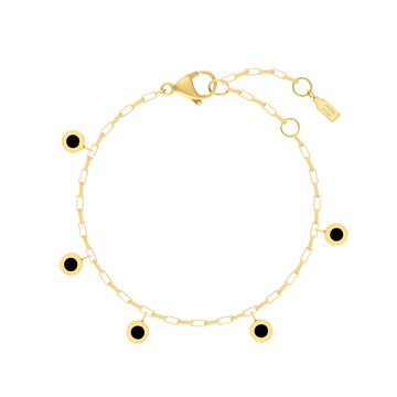 GOLD BRACELET WITH 5 HANGING BLACK CHIPS