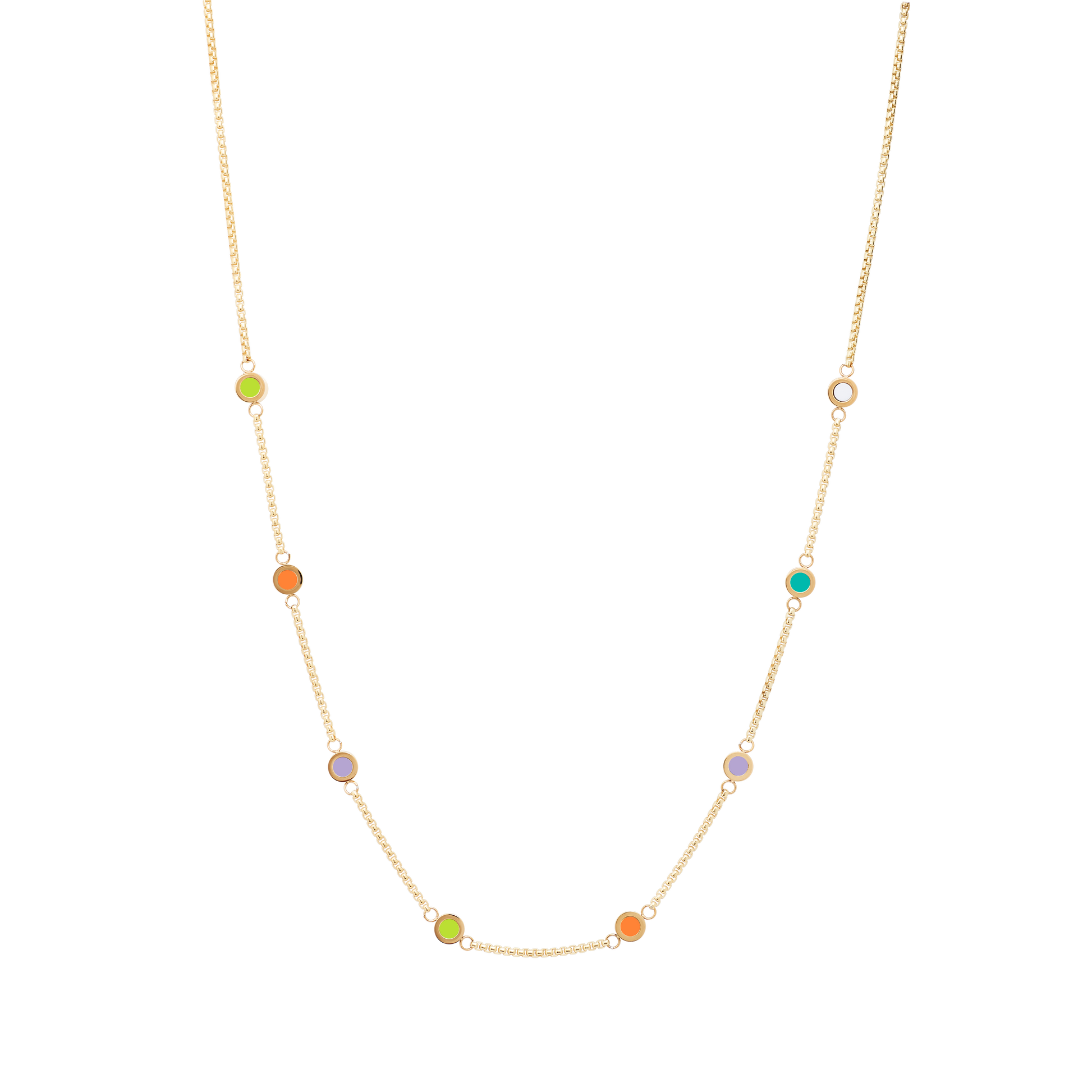 Gold necklace with eight colorful chips