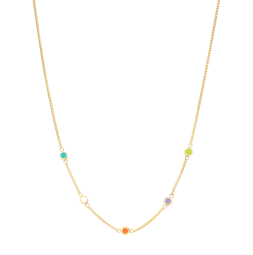 Stylish gold necklace with five dangling multicolored chips.