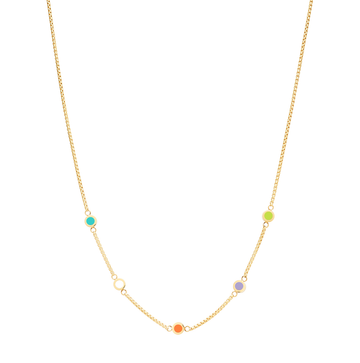 Stylish gold necklace with five dangling multicolored chips.