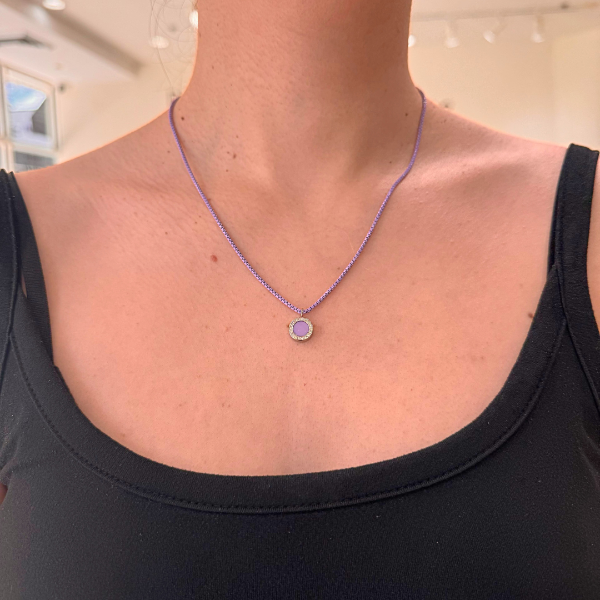 Jason Hyde lavender chain necklace with lavender round pendant and zirconia.
