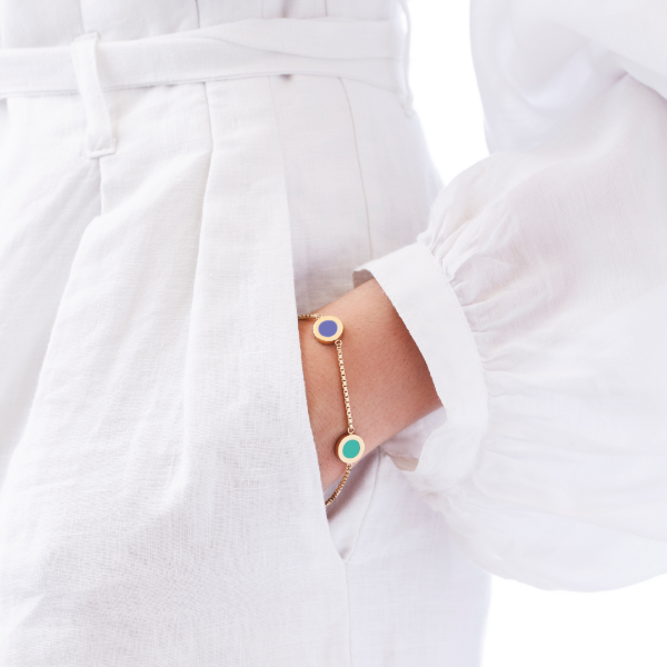 Elegant gold chain bracelet with turquoise and persian blue enamel circle pendants