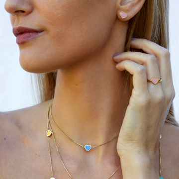 Sustainable gold necklaces, ring, and earring with enamel heart charms