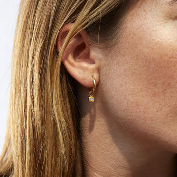 Jason Hyde Hanging Charm Hoop Earring worn by a blonde model.