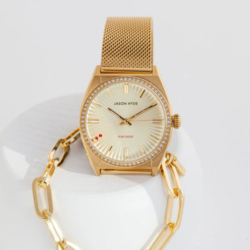 #RUBY-EIGHT | 36MM WATCH YELLOW GOLD SUNRAY DIAL - MESH STRAP