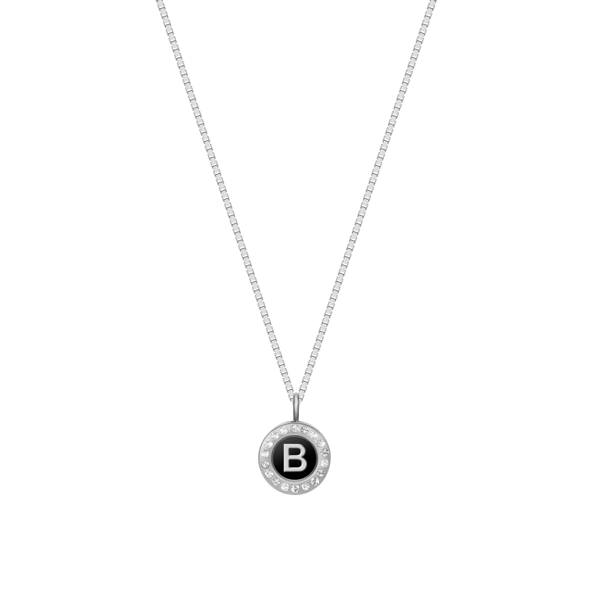Necklace featuring black recycled plastic initial B charm, Jason Hyde