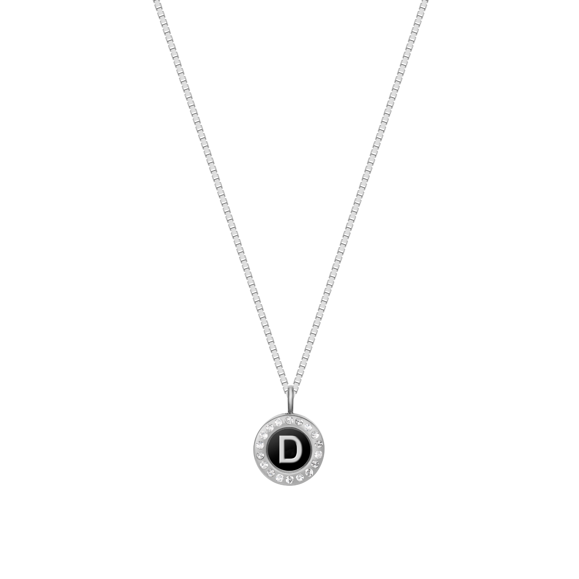 Eco-friendly silver necklace with black initial D charm made from recycled ocean plastic