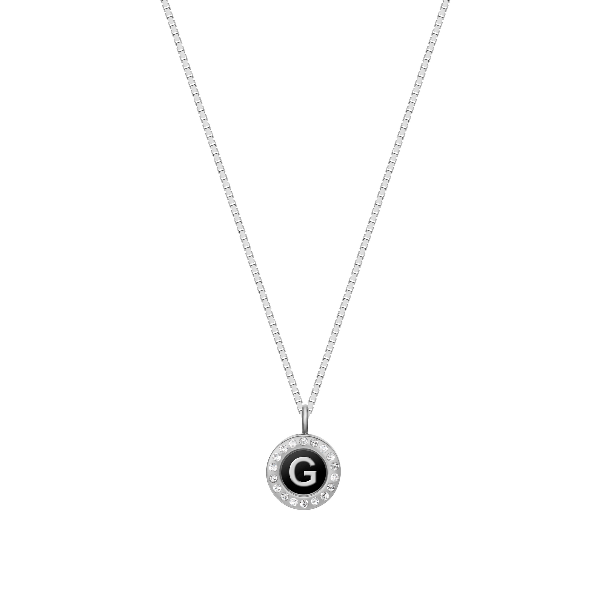 Sustainable silver necklace with black recycled plastic initial G pendant