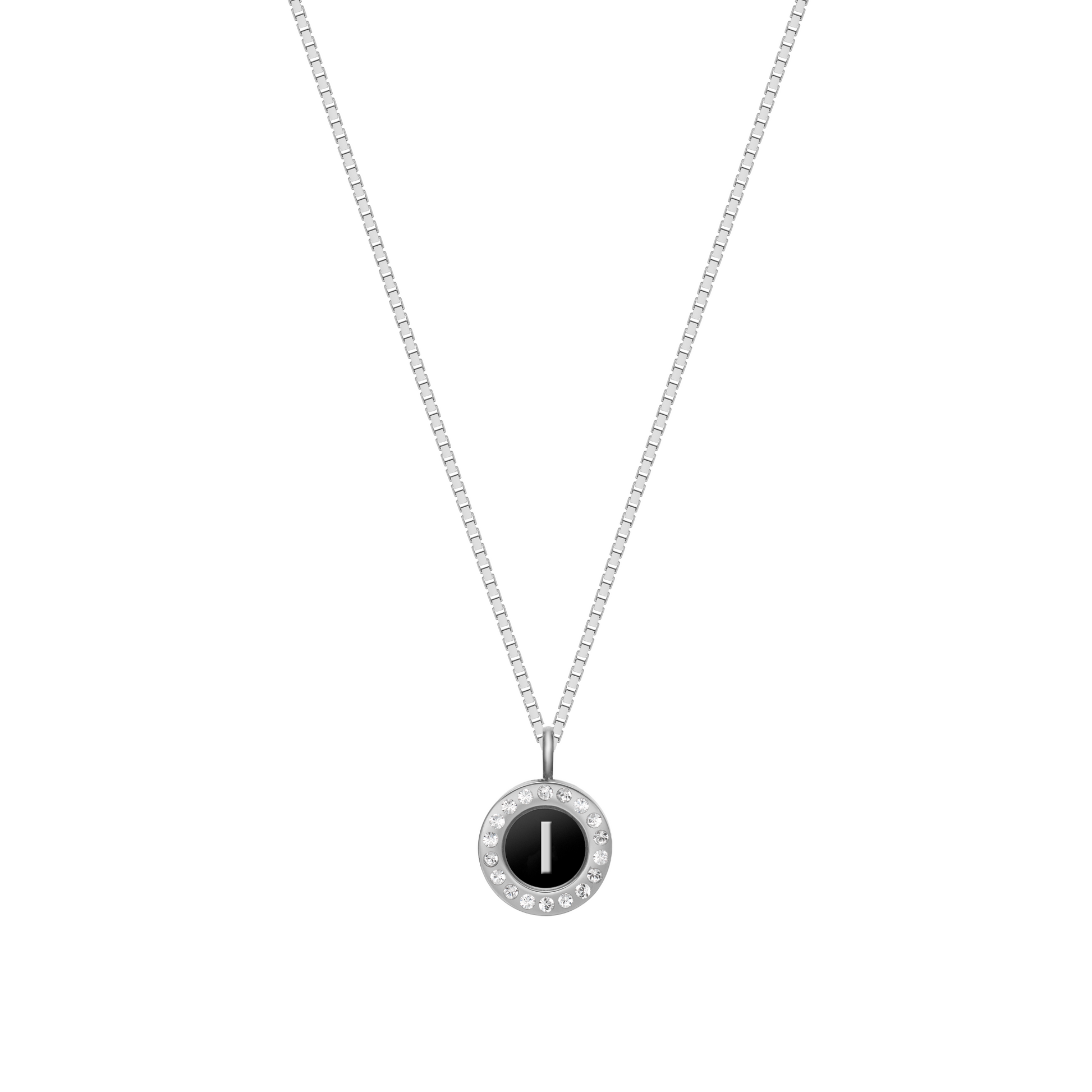 Minimalist silver necklace featuring black recycled plastic letter I pendant