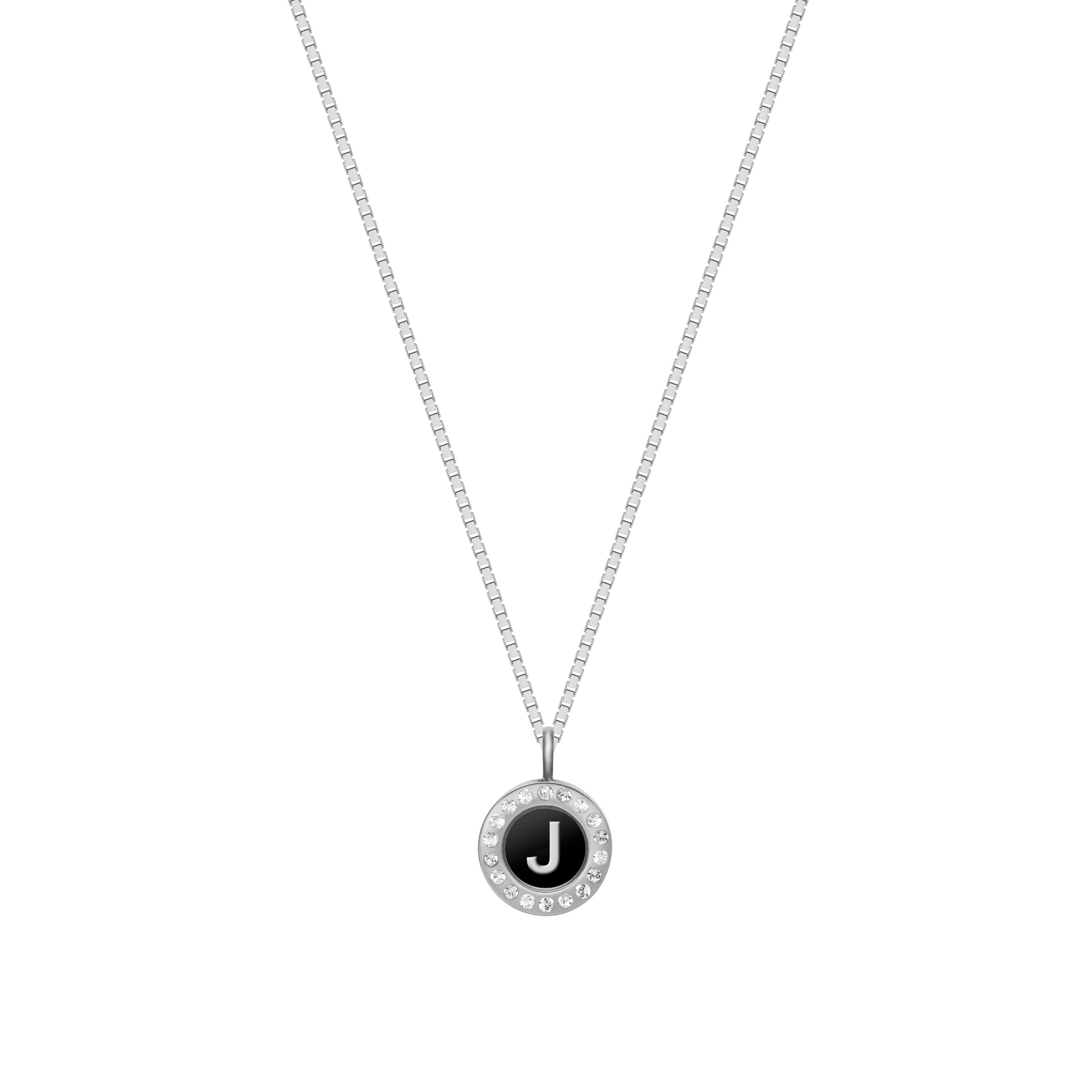 Eco-conscious silver necklace with black recycled ocean plastic initial J charm