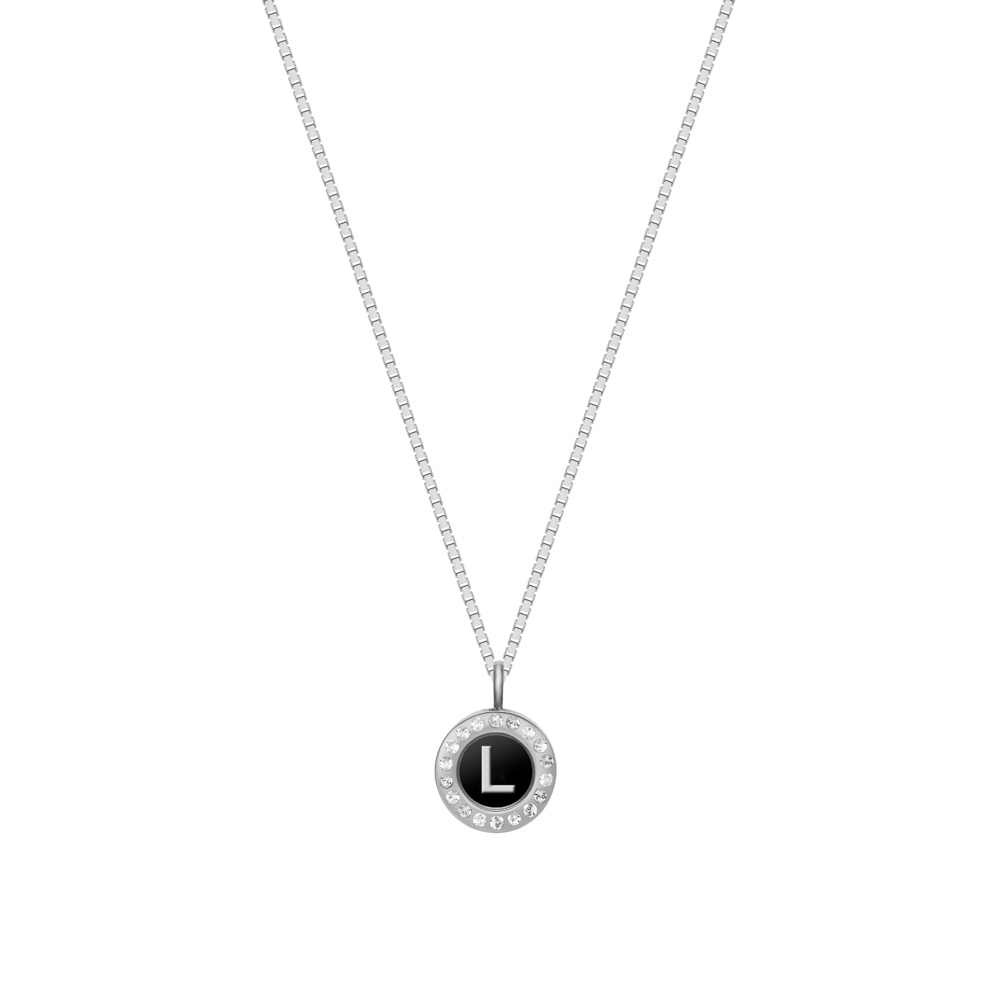 Silver chain necklace with black recycled ocean plastic letter L charm