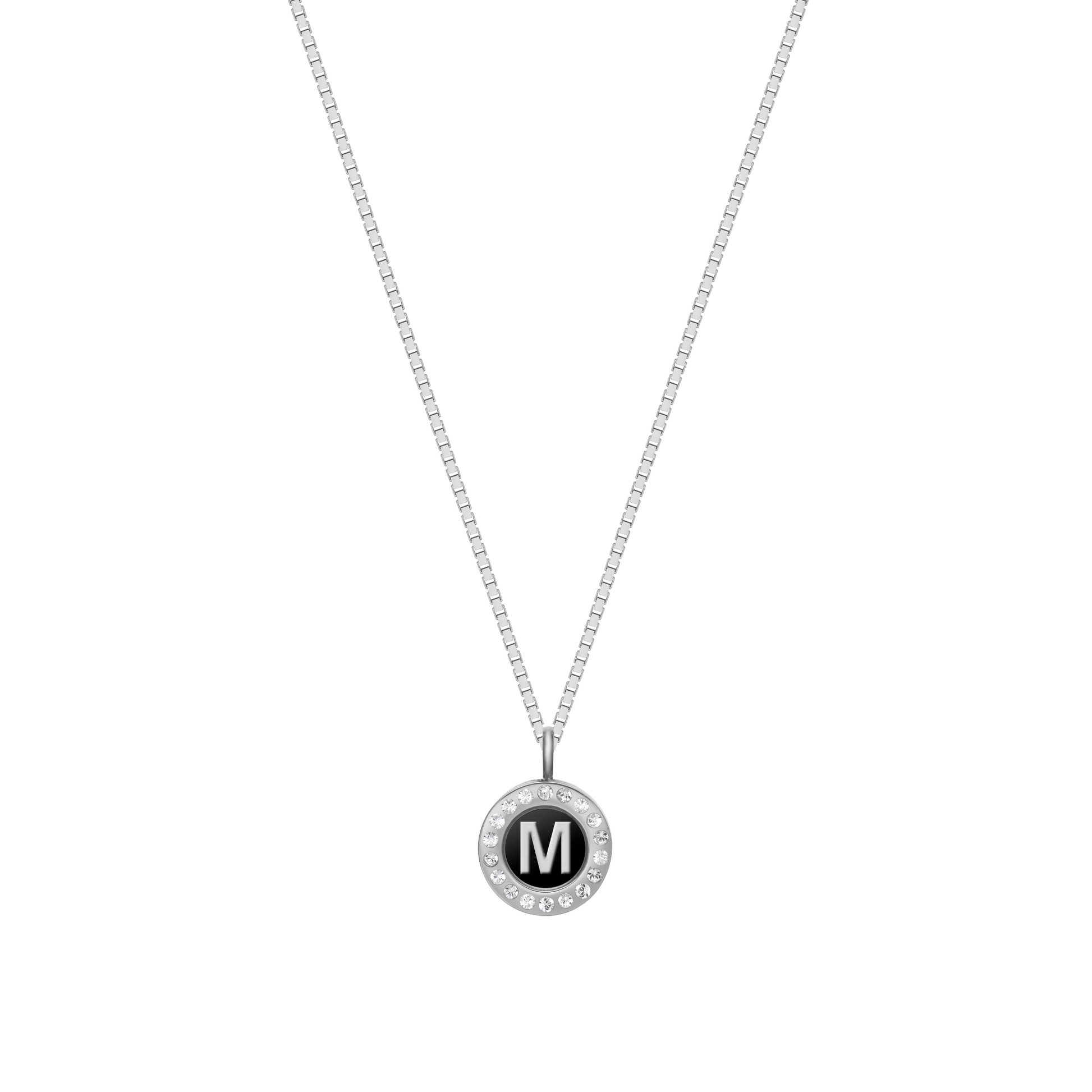 Minimalist silver necklace featuring black recycled plastic initial M pendant