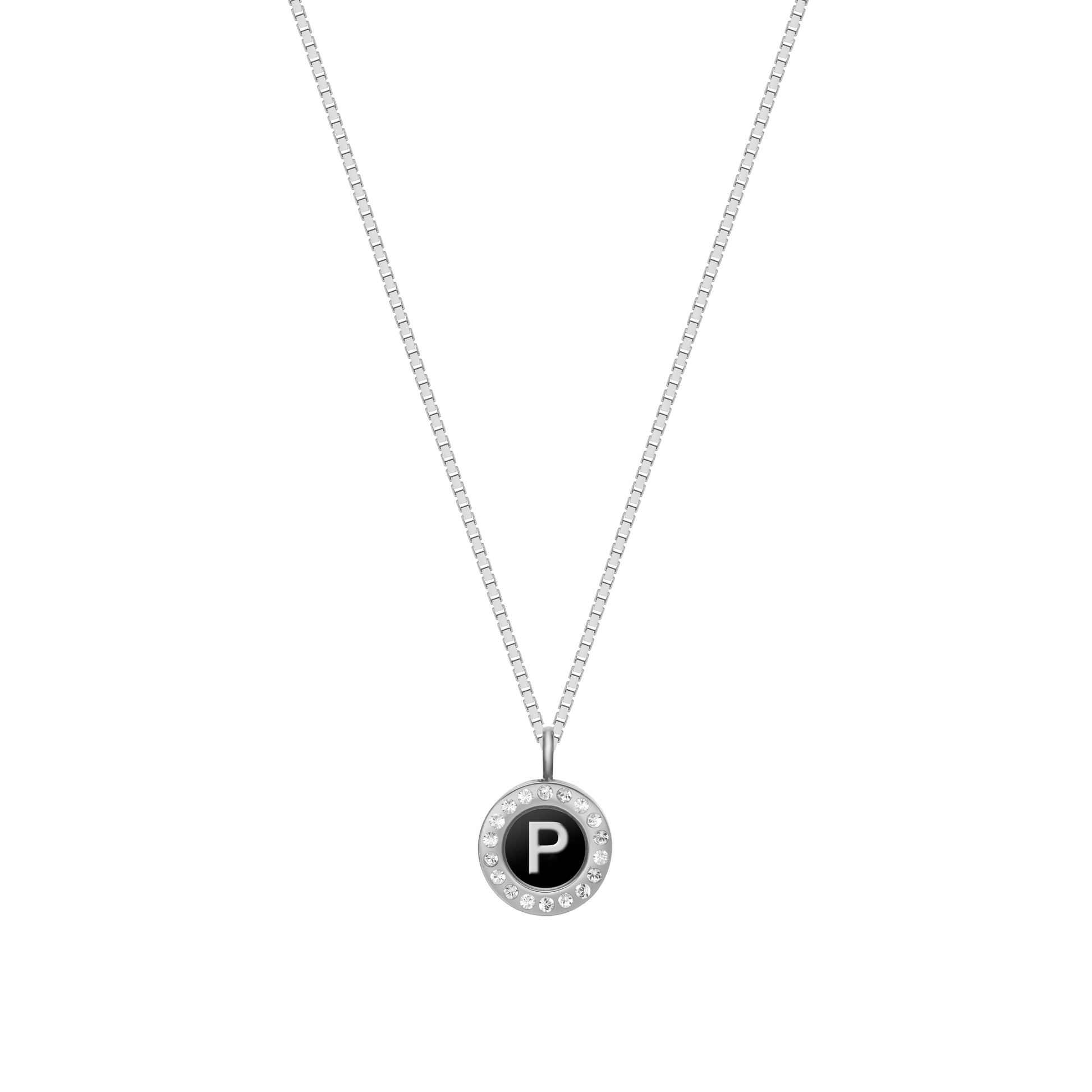 Silver chain necklace featuring black recycled ocean plastic initial P charm