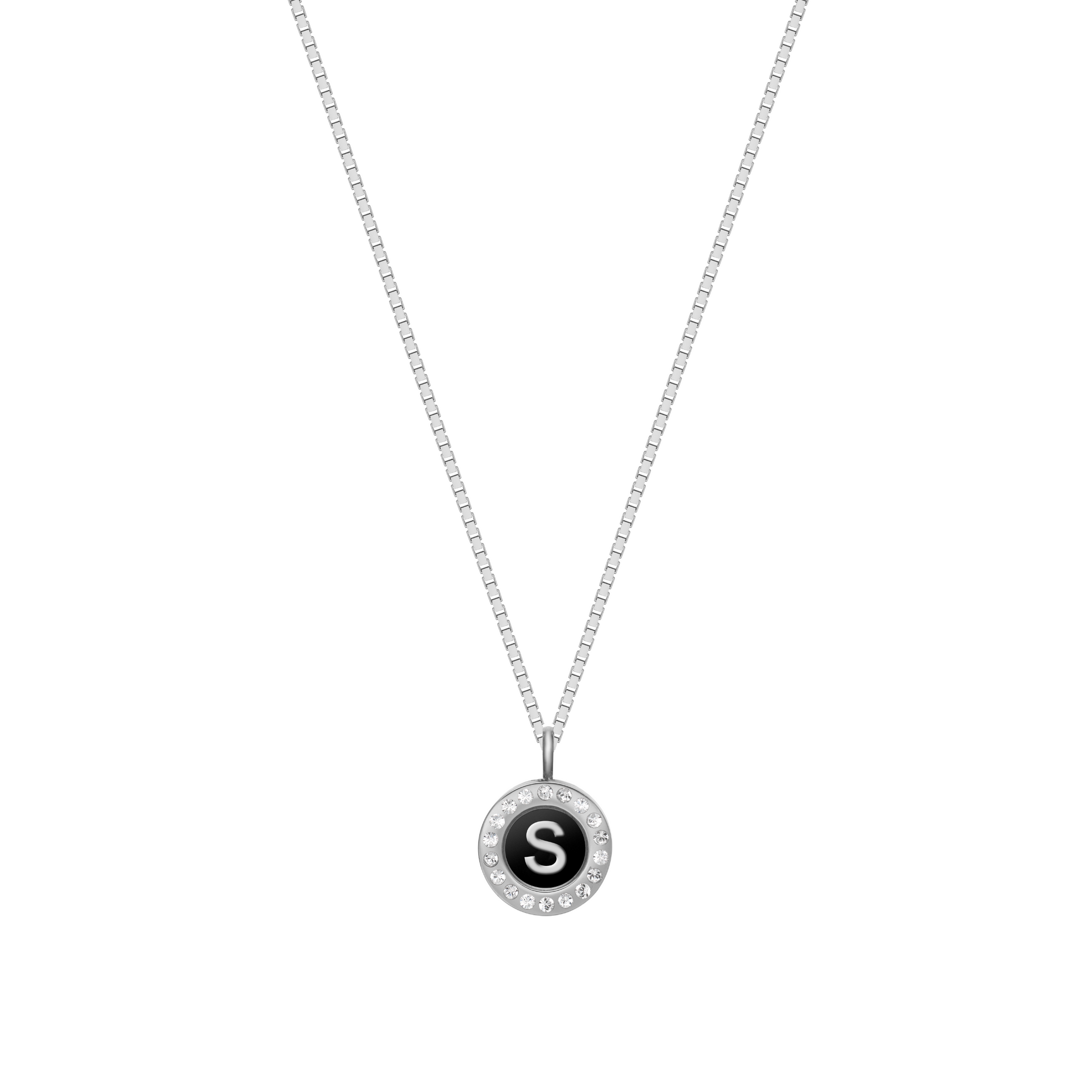Jason Hyde silver necklace with black recycled plastic letter S pendant