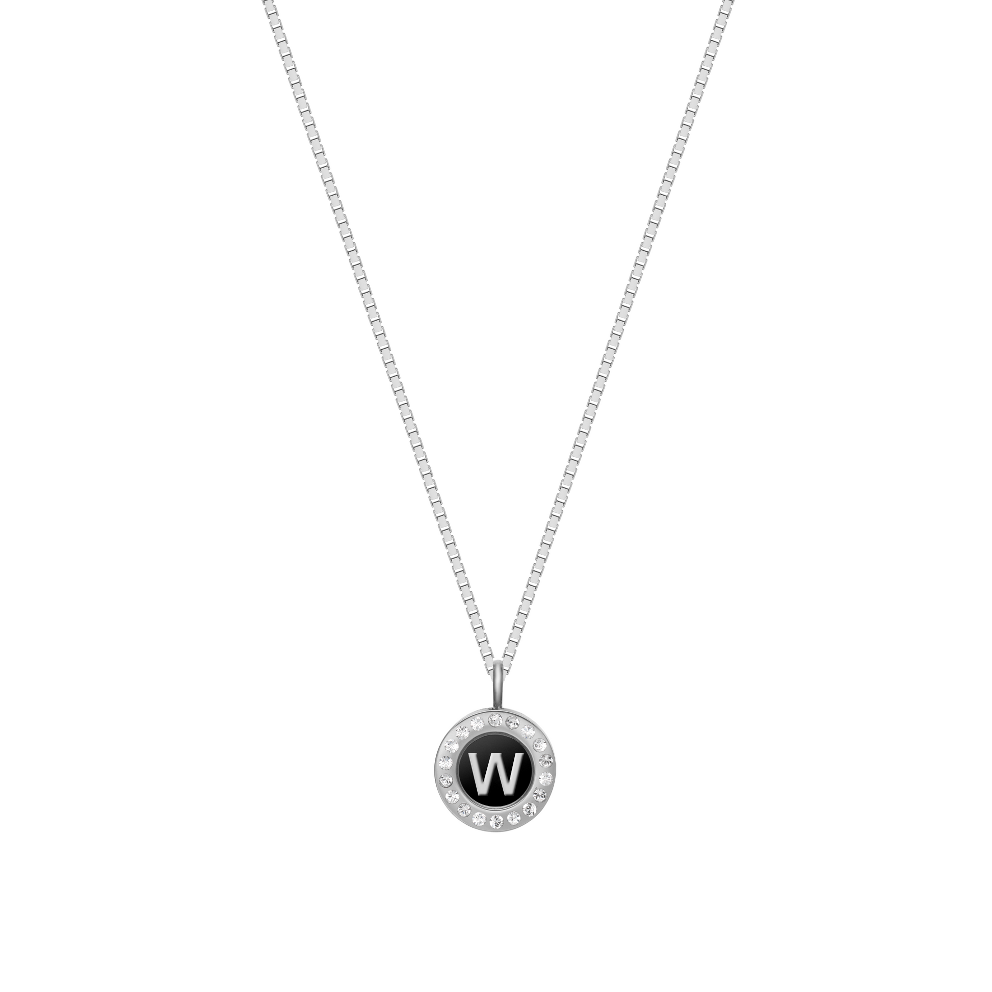 Eco-conscious silver necklace with black recycled plastic letter W pendant
