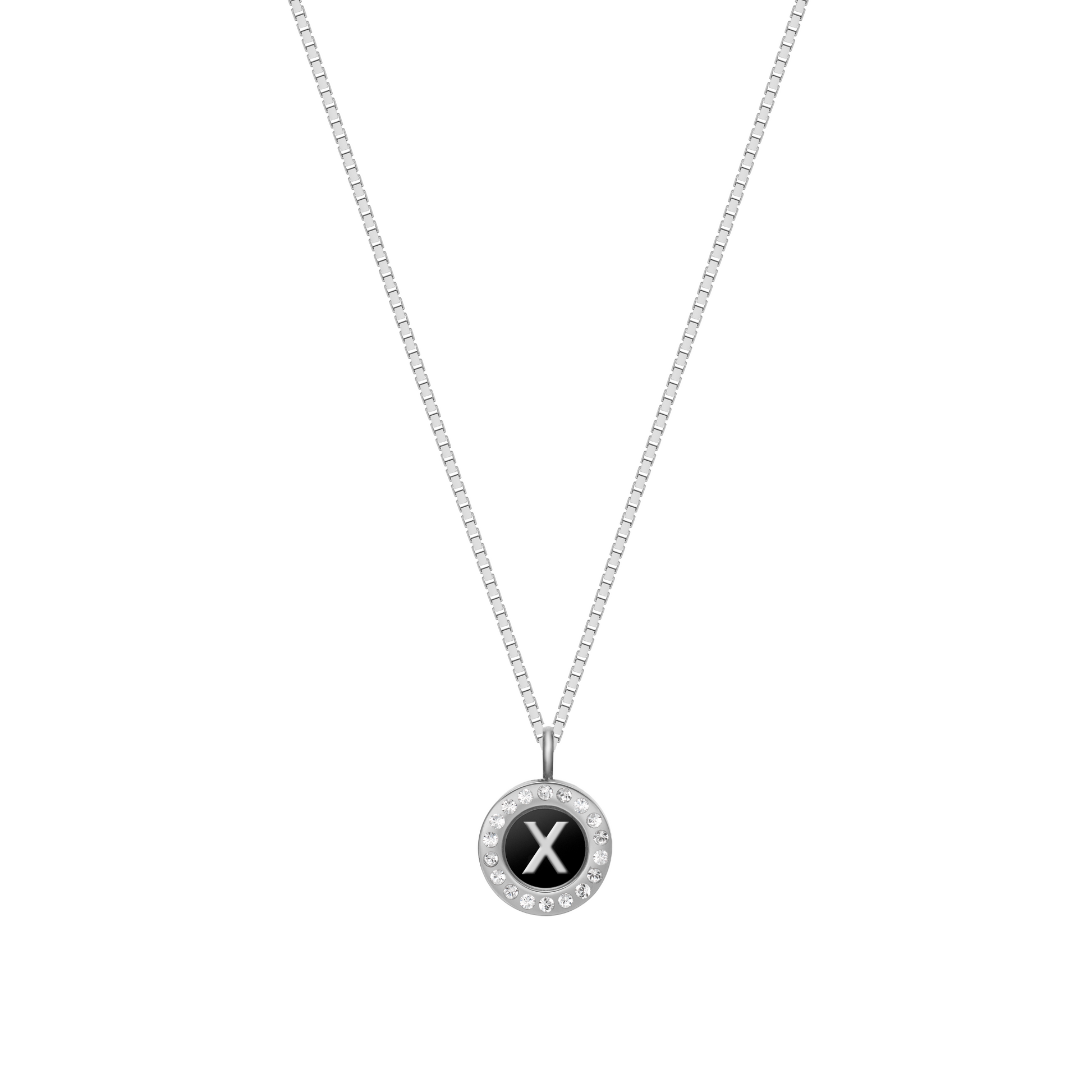 Silver chain necklace featuring black recycled ocean plastic initial X charm