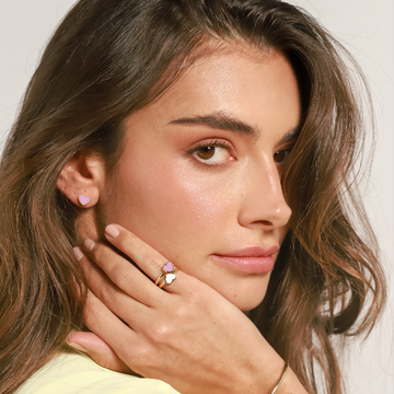 Amare Jason Hyde fondant pink chip earring on a model