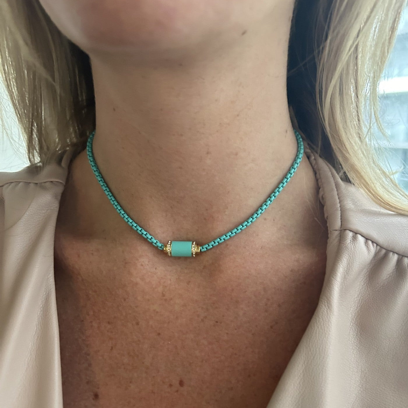 THALASSA TURQUOISE CHAIN TURQUOISE CHIP WITH ZIRCONIA NECKLACE