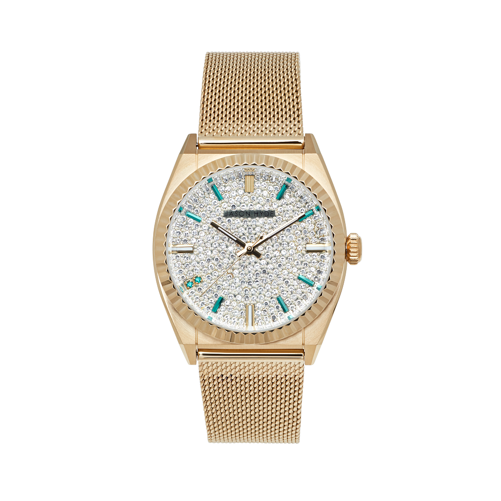 LUXURY GOLD WATCH WITH CRYSTAL DIAL.