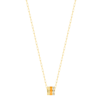Gold necklace with a three-ring cubic zirconia charm.