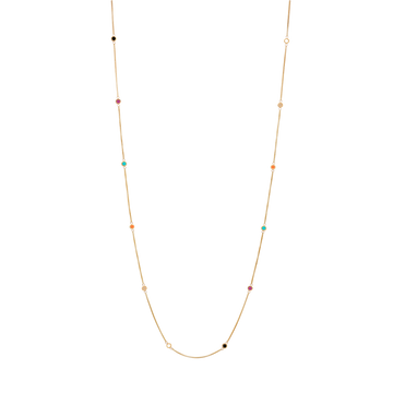 Stylish gold necklace featuring twelve vibrant pendants.