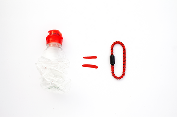 A crumpled plastic bottle equals a red braided lanyard with a black magnetic clasp