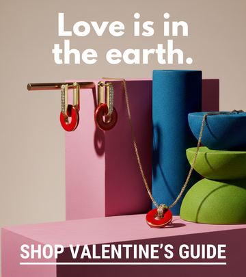 Lifesaver jewelry with a text overlay promoting a Valentine's Day guide on a colorful geometric background.