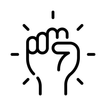 Line art icon of a raised fist surrounded by radiating lines