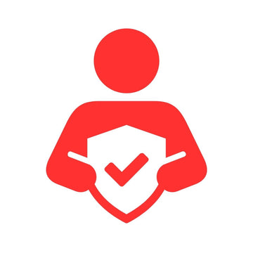 A red line art icon of a person holding a shield with a checkmark
