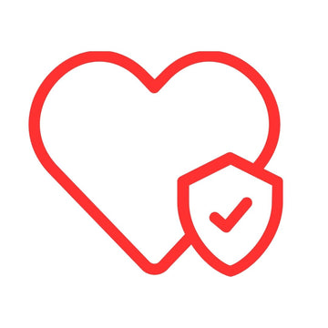A red line art icon of a heart with a shield and a checkmark