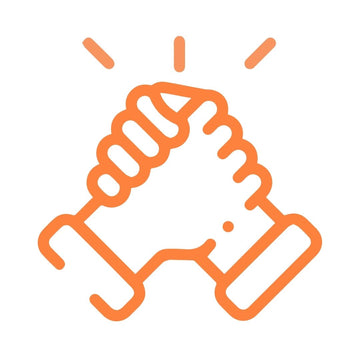 An orange line art icon of two hands in a handshake