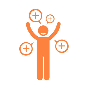 An orange line art icon of a person with raised arms and plus signs